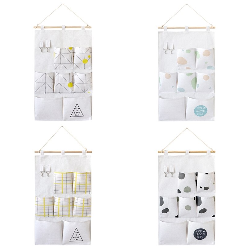 Cotton and Linen Wall-Mounted Storage Bag 7Pouch Hanging Pokcet with Hook Bedroom Door Household Toys Sundries Container