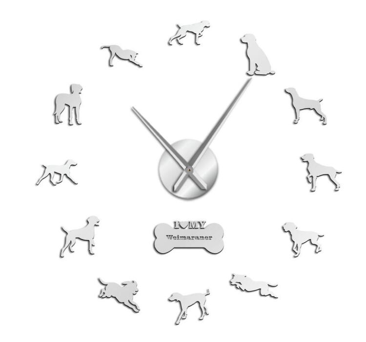 3d akryl diy väggklocka modern weimaraner hundras hund hund porträtt självhäftande vägg klistermärken klocka för hund älskare: Silver- / 27 tum