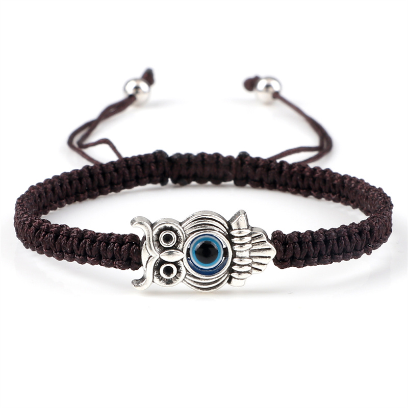 Pulsera ajustable de ojo de la suerte para hombre y mujer, brazalete trenzado de cuerda de hilo rojo hecho a mano, amuleto de búho, joyería de la amistad: Marrón rojizo