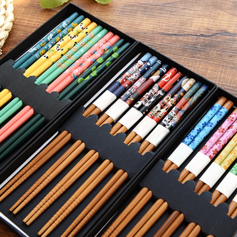 Palillos japoneses de bambú para el hogar, caja de , juego de vajilla portátil, 5 pares,