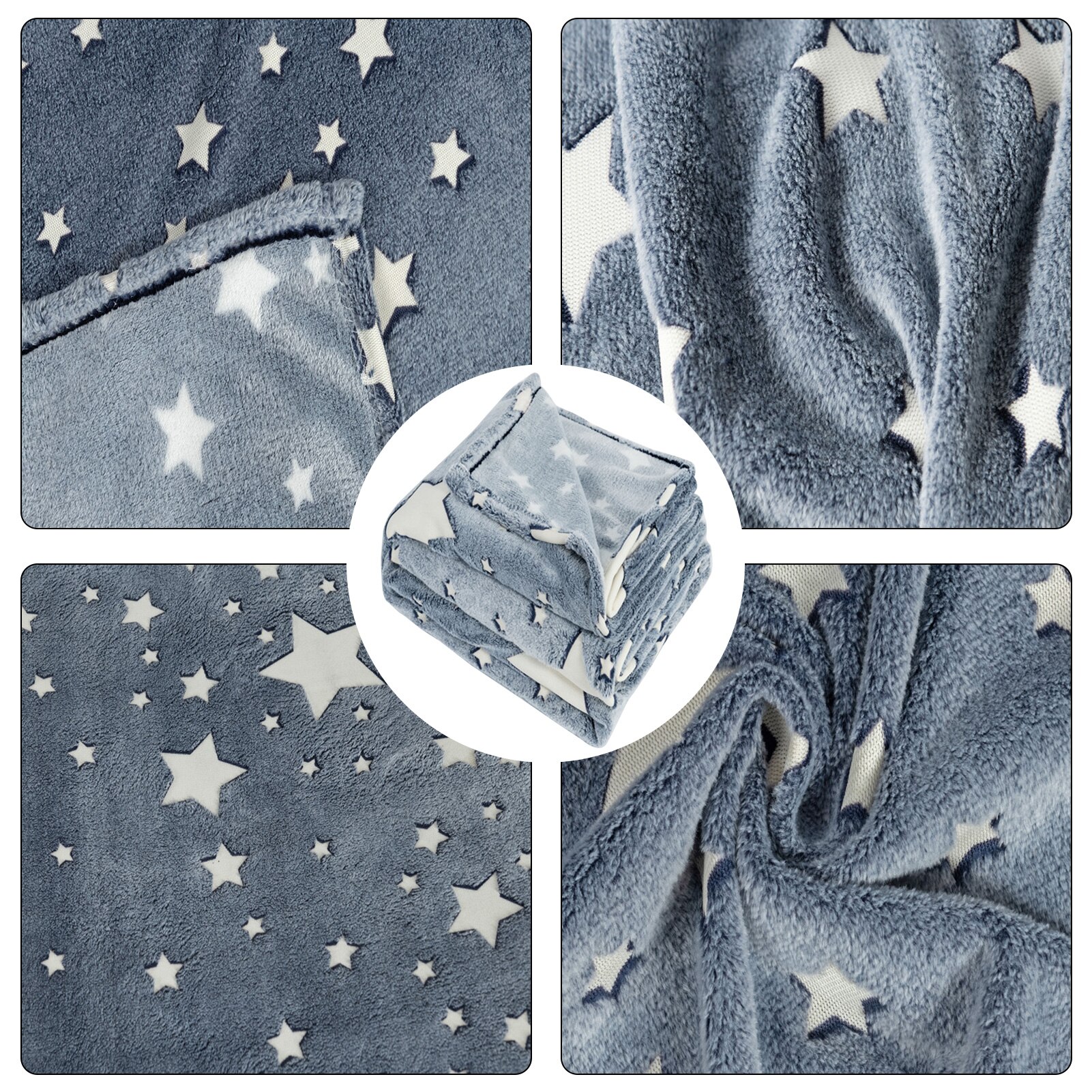 Glow In The Dark Fleece Blanket Throw Grey Stars / Moon Plush Furry Throw Warm Blanket Sofa Bedspread