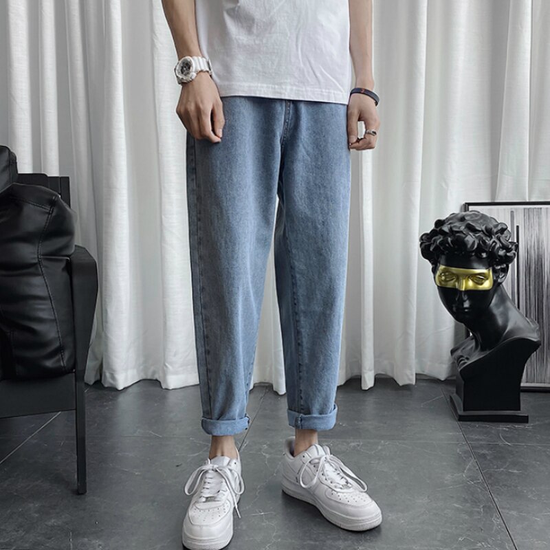 Menn jeans solid denim pluss størrelse 3xl løs koreansk stil retro fritid chic studenter herrebukser enkel all-match vår
