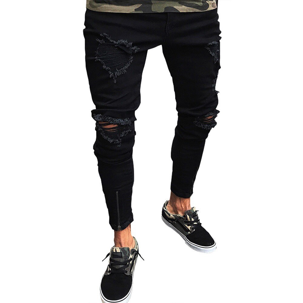 Zwarte Mannen Jeans Mode Mannen Kleding Stretch Jeans Verontruste Ripped Denim Broek Potlood Broek Voor Mannen