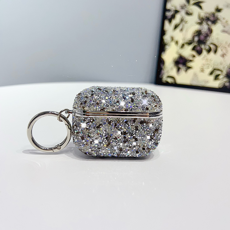 Funda para auriculares con purpurina de diamante de Color para Apple Airpods Pro 4 3 2 1 Bling Sparke funda para auriculares con llavero: S / Plata