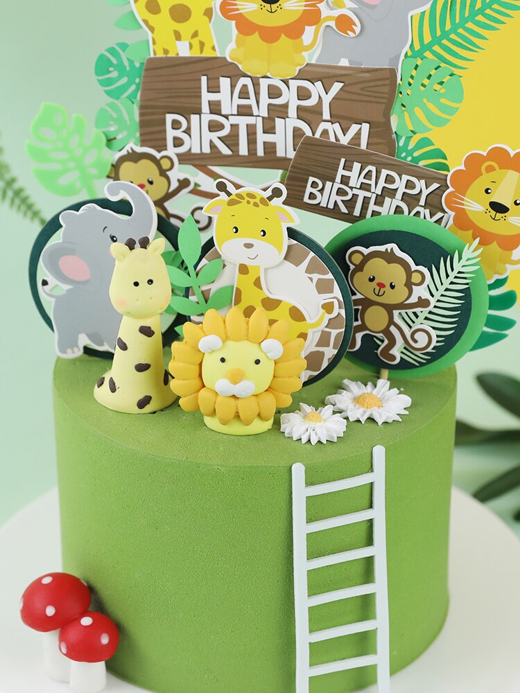 Jungle Animals Cactus Cake Toppers Happy Birthday Decorations For Children's Day Boy Girl Party Baking Sweet LoveGifts Supplies