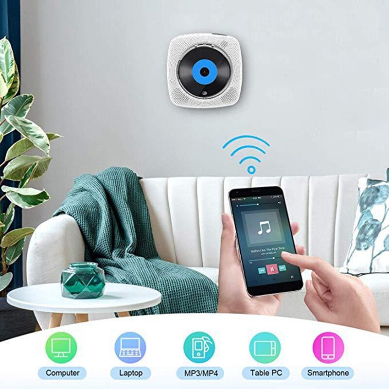 Portable CD Player Wall Mountable DVD Player FM Radio with Bluetooth and Remote Control Built-in HiFi Speakers (EU Plug)