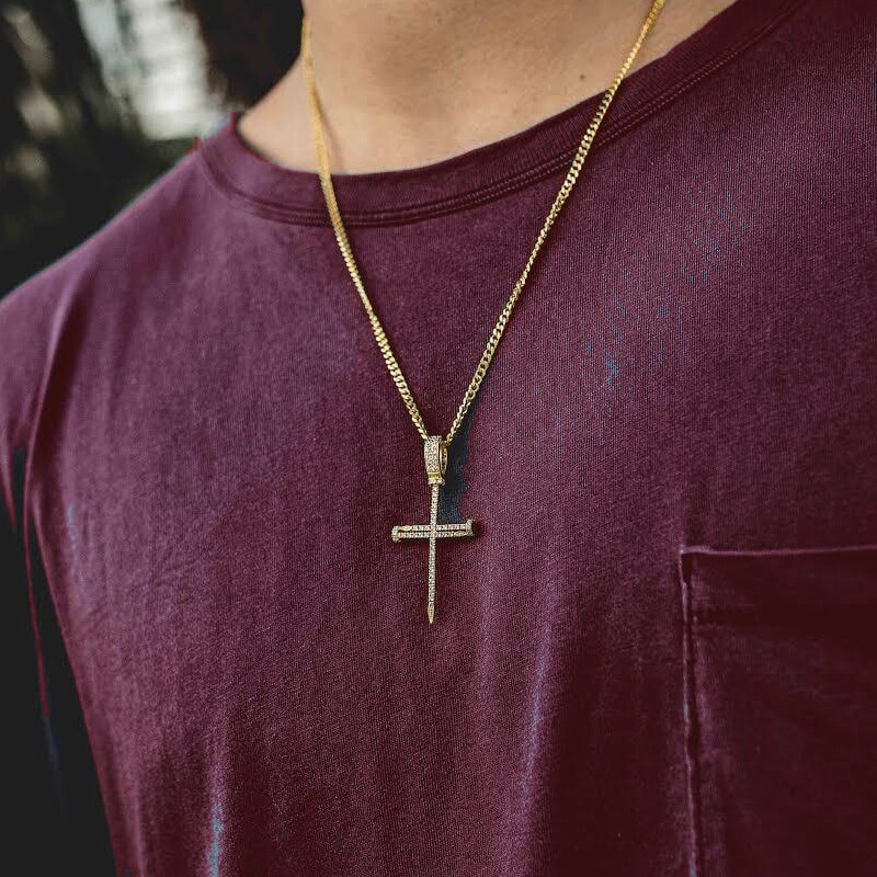 Cross Pendant Hip Hop Nail Cross Pendant Necklace CZ Stones Stainless Steel Chain Necklaces For Men Women