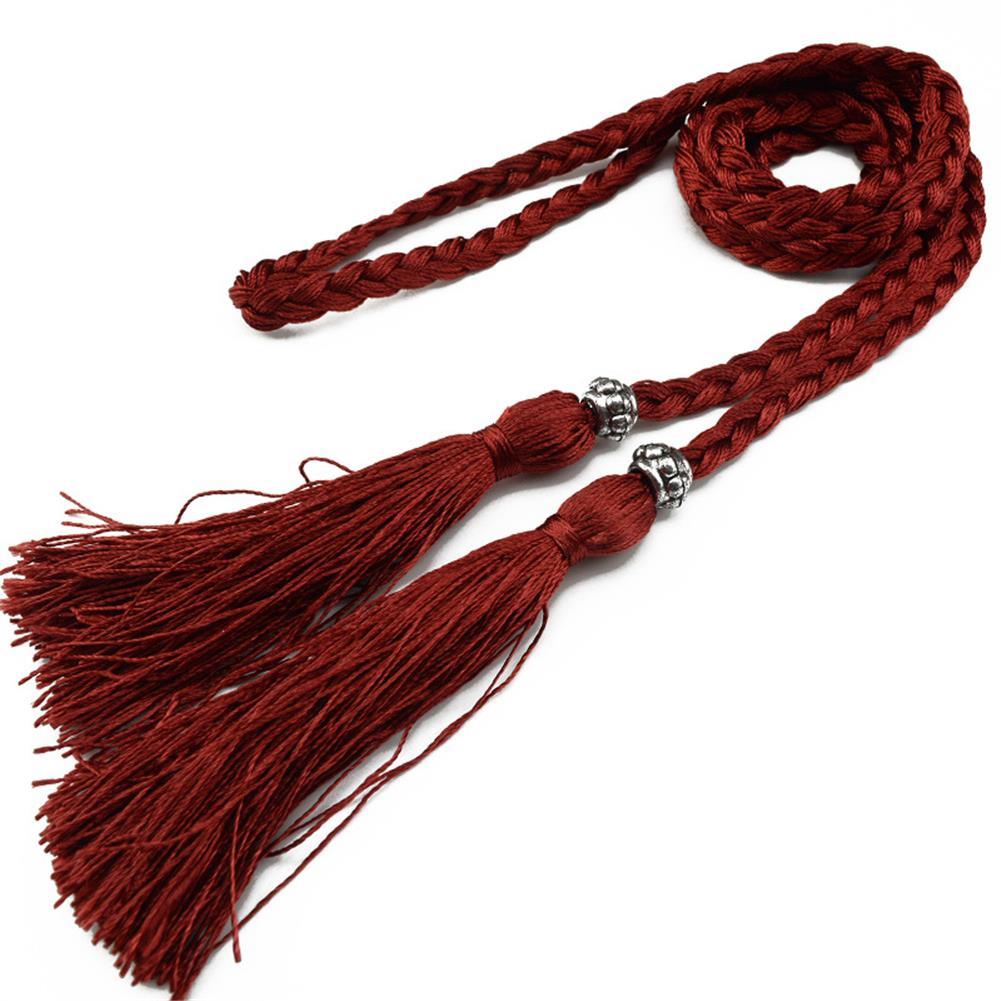 Cinto de borla tecido estilo trançado para mulheres, cintura boêmia para senhoras, corda de cintura, moda chinesa, acessórios de vestido: Vinho Tinto