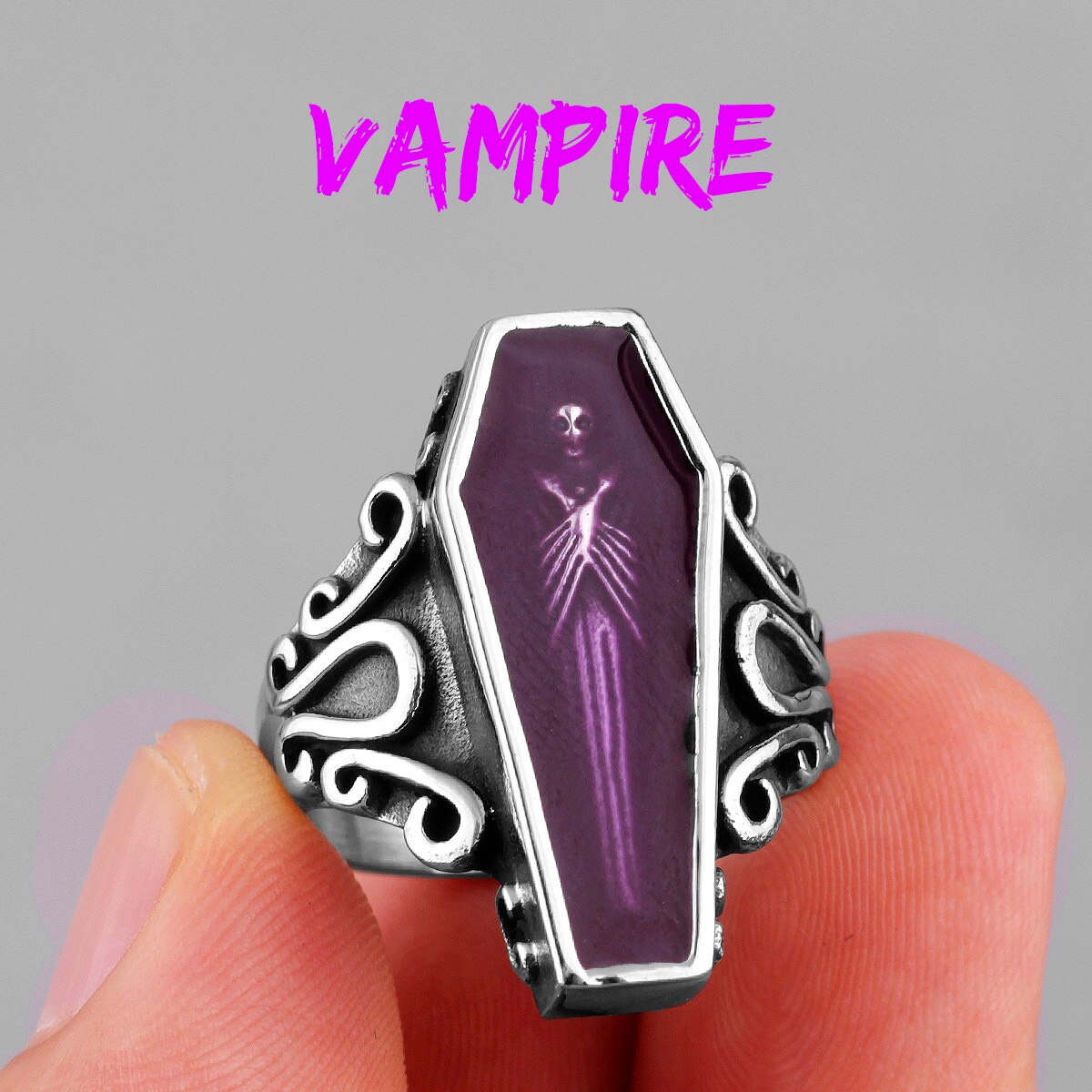 Vampir Sarg Geist Edelstahl Herren Ringe gotisch Punk Einzigartige Kühle für Männlich Freund Schmuck Kreativität: 14 / R594-Violett