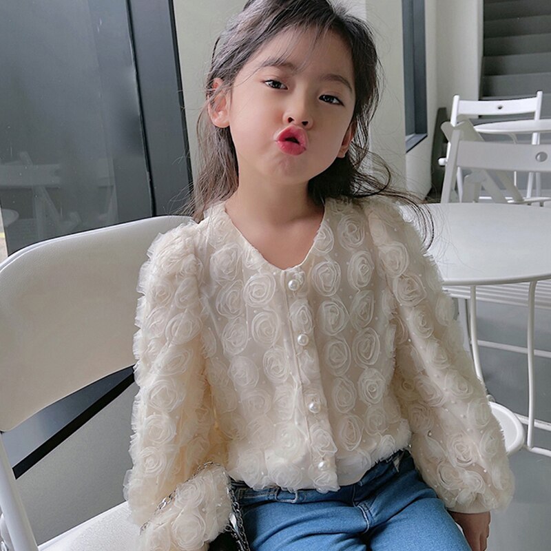 2-12 anni camicia a maniche a sbuffo per ragazze Pretty Princess Rose Flowers camicette cappotto top solidi capispalla primavera autunno abbigliamento per bambini