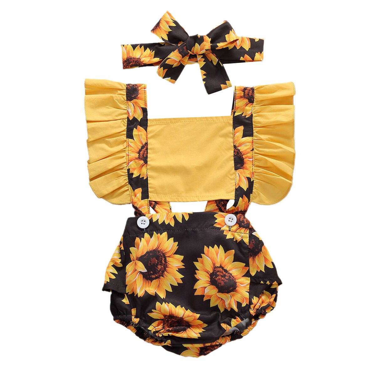Infant Baby Girls Boys Sunflowers Bodysuits Ruffles Sleeve Print Summer Jumpsuits Headband 0-24M