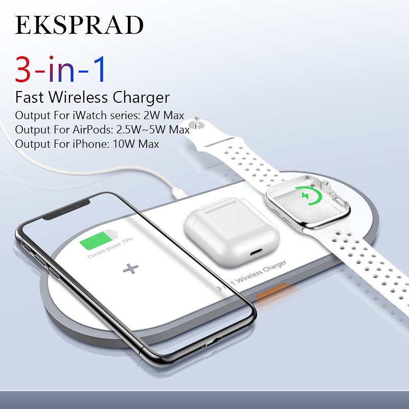 EKSPRAD 3 in 1 Wireless Charger 10W Fast Charging Pad For iPhone 11 Pro X XS XR 8 for Apple Watch 5 4 3 Airpods 2 Pro Chargers