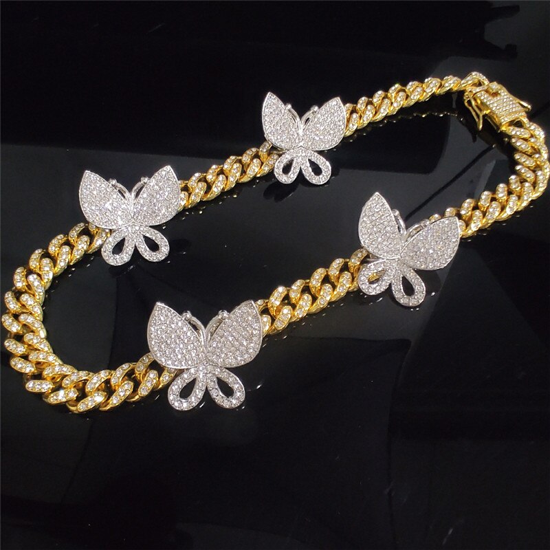 Hip Hop Iced Out Paved Rhinestones 12MM Full Miami Curb Cuban Chain With Butterfly Necklaces For Men Jewelry: 6 / 50cm