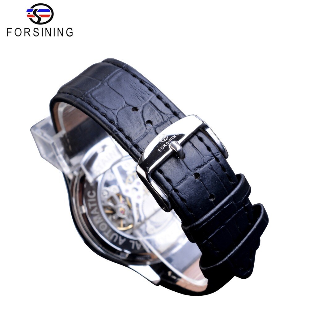 Forsining Koninklijke Luxe Mens Silver Versnelling Beweging Transparante Ster Oppervlak Open Werk Skeleton Mechanische Polshorloge
