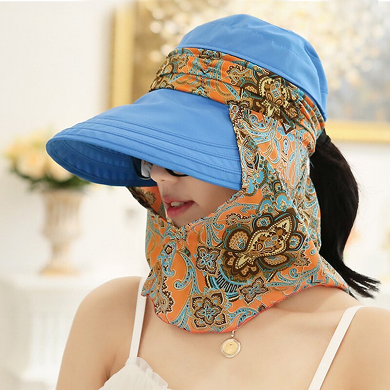 Gorra para mujer, sombrero para el sol, protección UV, de verano, flor personalizada con chal, sombrero plegable de borde grande, sombrero de sol de playa para mujer