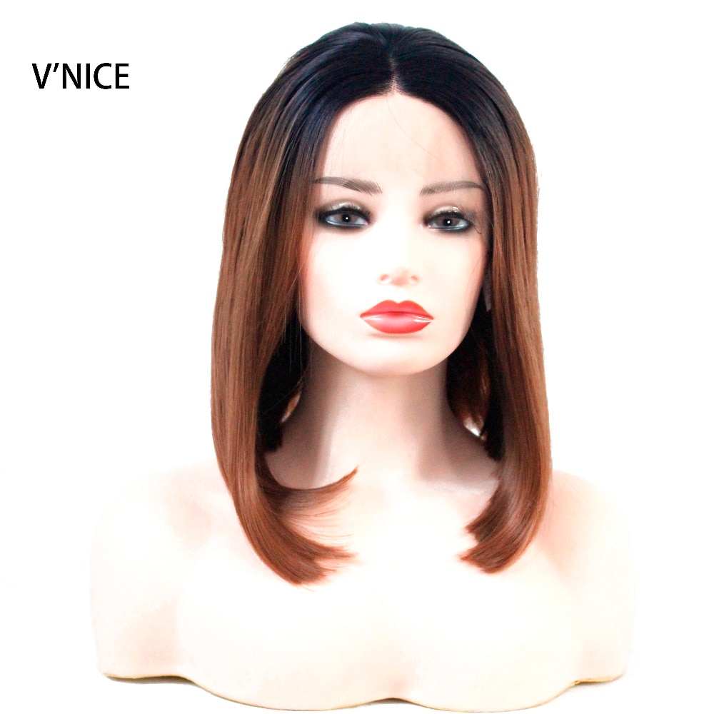 V'NICE 1b/30 Ombre Bruin Lijmloze Korte Bob Lace Front Pruiken 2 Tone Pruiken Hittebestendige Synthetische Haar Vervanging pruik voor Vrouwen