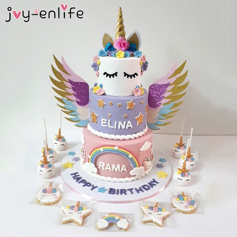 1 uppsättning unicorn födelsedagstårta vingar dekor tecknad enhörning tårta toppers födelsedagsfest dekoration barn cupcake wrappers cake topper