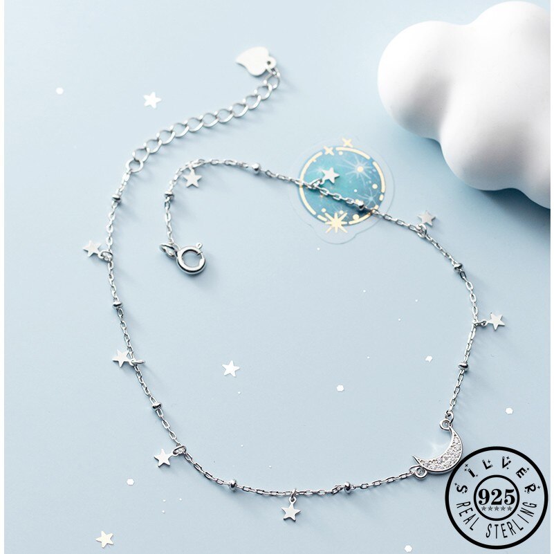 925 fußkettchen aus sterlingsilber mit zirkonia in mondform – trendiges armband mit kleinen sternperlen für damen, feiner fußschmuck