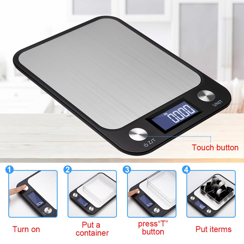 Báscula de cocina con botón táctil, balanza Digital multifunción de acero inoxidable para pesar alimentos, 10kg x 1g, pantalla LCD