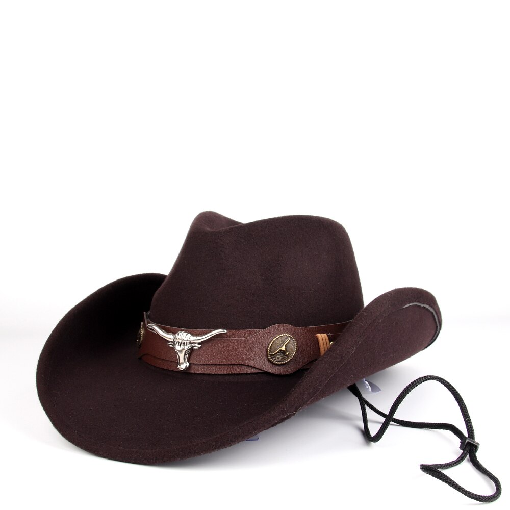 Cappello da cowboy occidentale da donna in lana da uomo con cappello da cowgirl jazz a tesa arrotolata con cintura a testa di toro cappello da sombrero fedora Chiesa