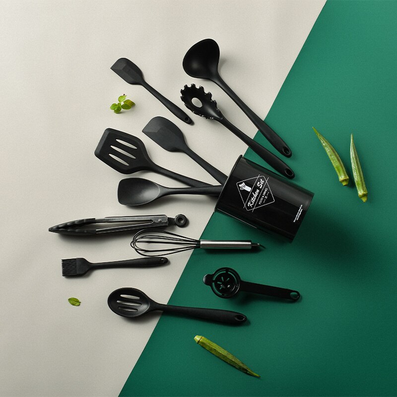 Silicone Kitchen Utensils Set Non-Stick Silicone Spatula Kitchen Tools Kitchen Gadget Sets Cooking Items With Storage Box: Black