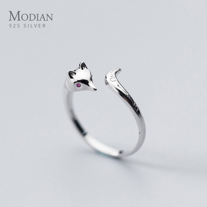 Modian cute animal finger ring til kvinder lille ræv ansigt åbent justerbart sterling sølv 925 ring fine smykker