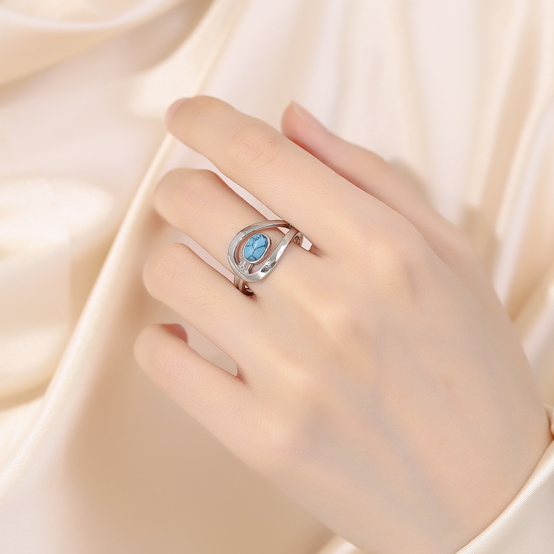 unisex Oval Blau Stein Hochzeit Bands Synthetische Türkis Ringe Für Frauen Männer Silber Farbe Jahrgang Verlobungsring Partei Schmuck