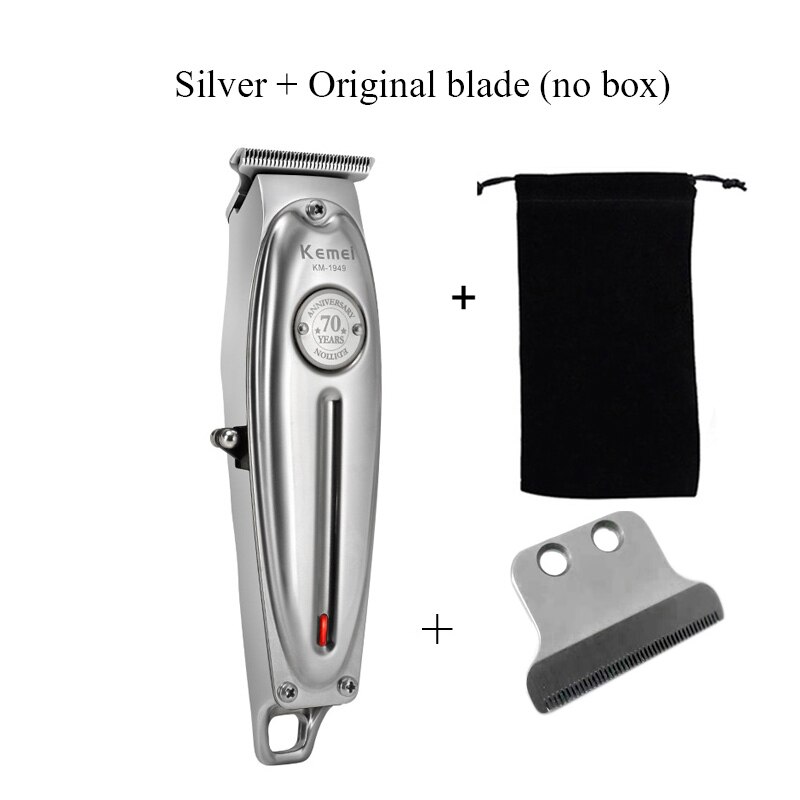 Kemei 1949 Hair Clipper All Metal Men Electric Cordless Hair Trimmer 0mm Baldheaded T Blade Finish Haircut Machine: silver add blade