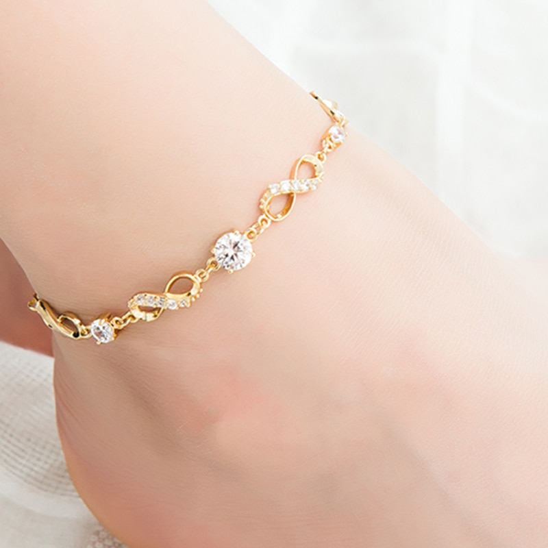 Moda boêmio feminino anklet ouro perna corrente grande strass tornozeleiras descalço crochê sandálias contas pé jóias