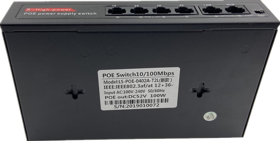 6 Port PoE Net Switch 4CH PoE Injector Power Over Ethernet 10/100Mbps IEEE802.3af/at 1,2+/3,6- DC52V 100W Metal Shell