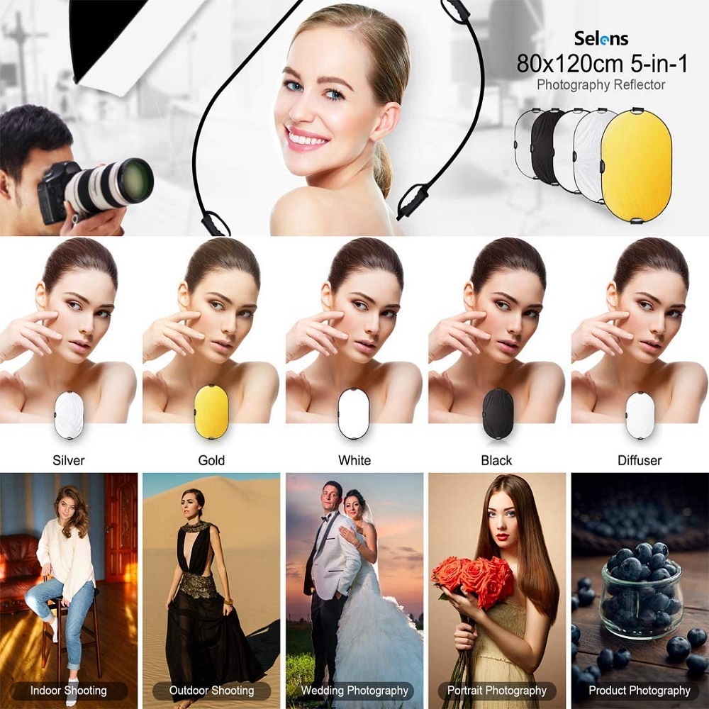 Selens-Réflecteur portable 5 en 1, 60x90cm, réflecteur rond nar, accessoires de photographie, diffuseur, kits de studio photo