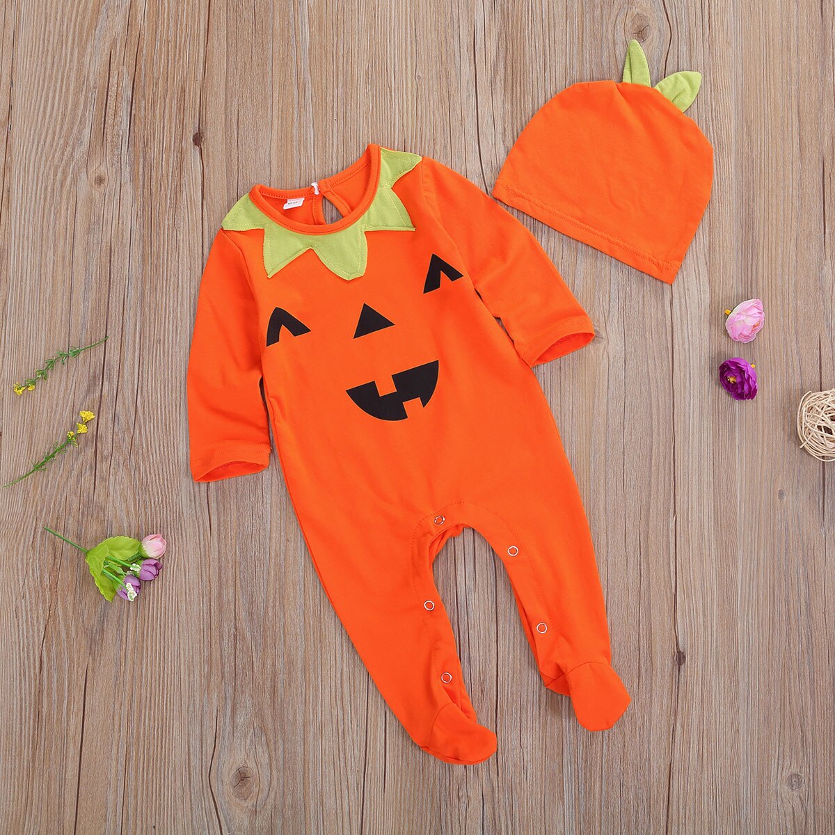 Ma&Baby 0-6M Halloween Baby Boy Girl Pumpkin Jumpsuit Newborn Infant Baby Long Sleeve Footies Soft Baby Party Clothes + Hat