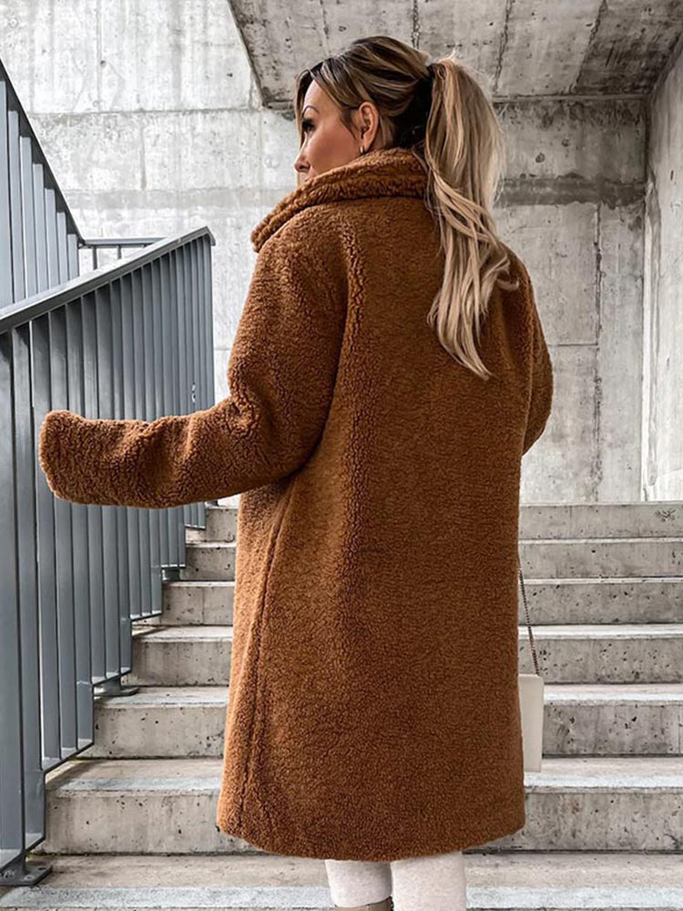 Chaqueta de borreguito para mujer, abrigo de manga larga con cuello vuelto y botonadura única, prendas de vestir de lana esponjosa para invierno, 2024