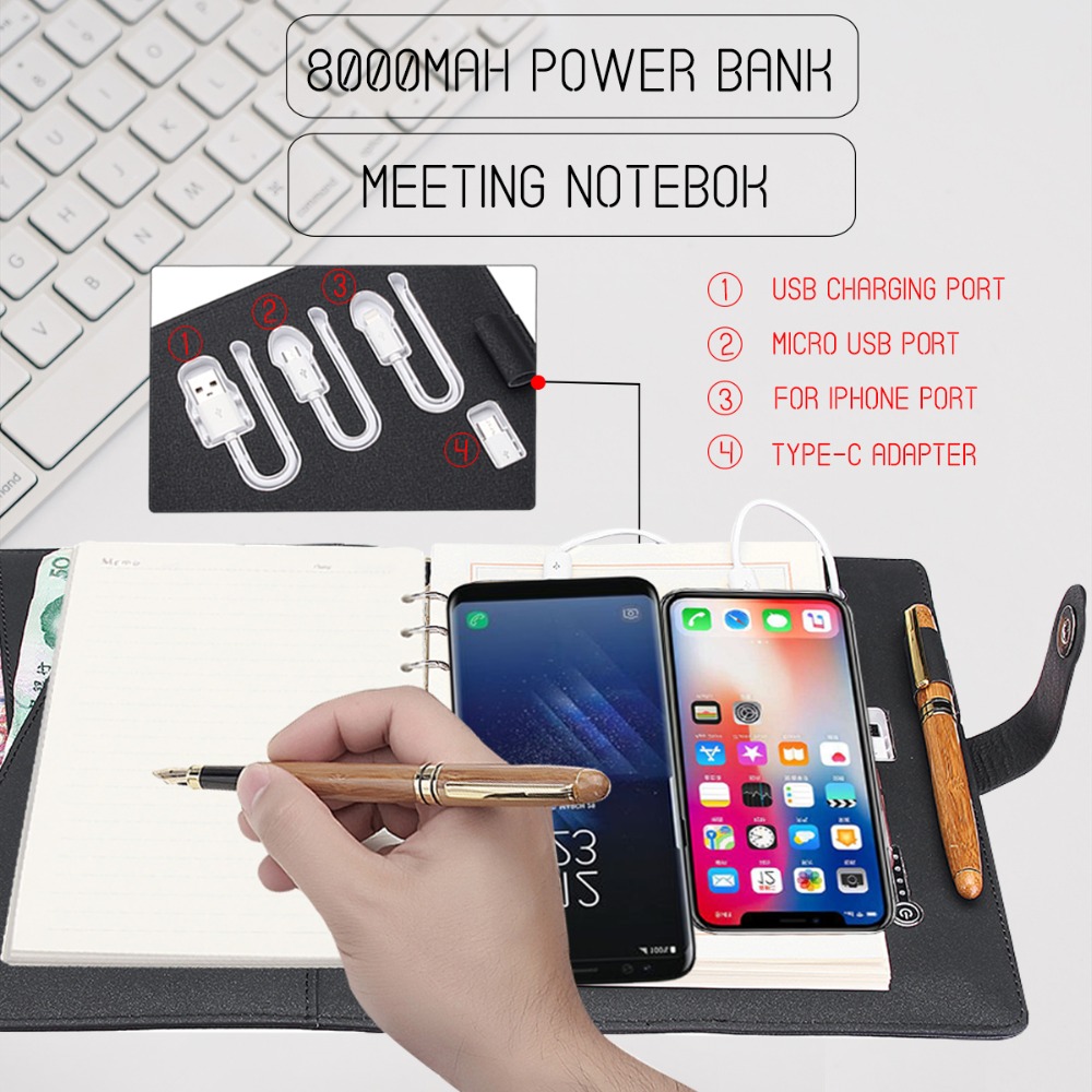 Multi Functional Power Bank Notebook Notebook with 8000 mAh Power Bank USB Charging Charger Note Book Binder Spiral Diary Book