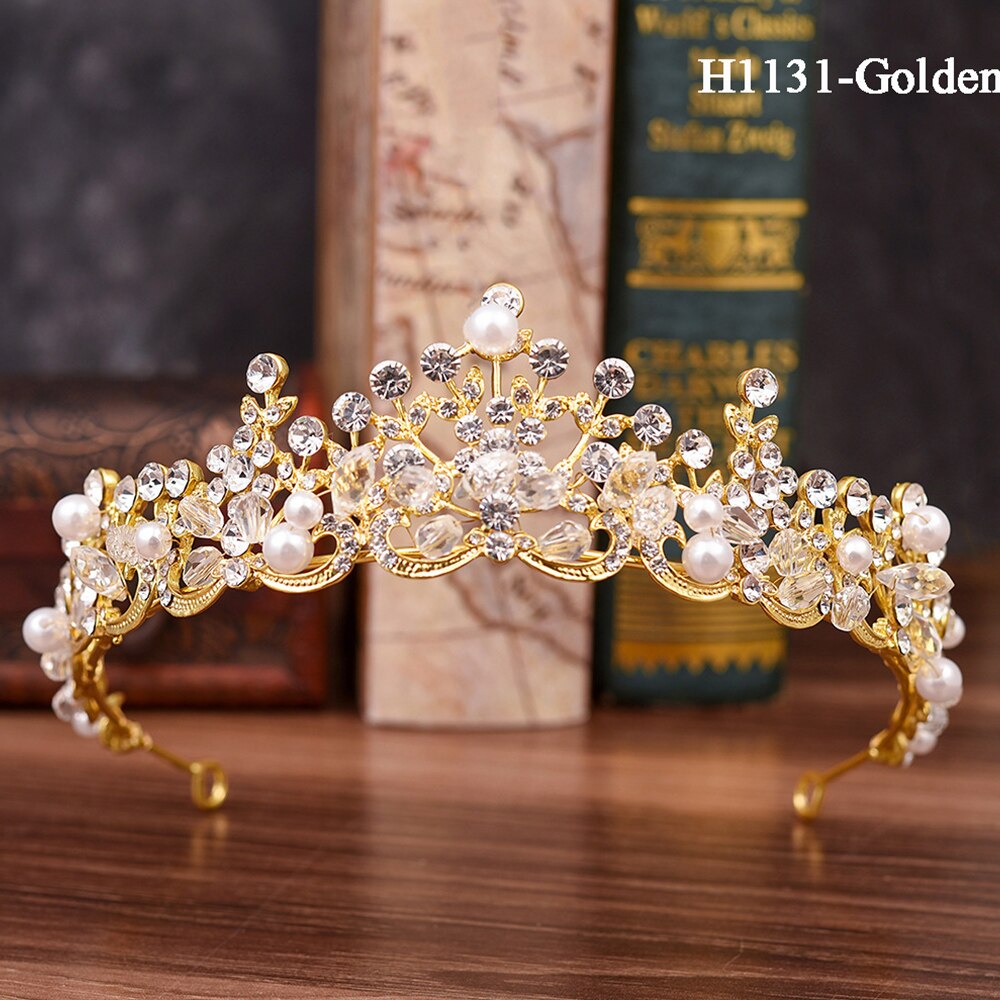 Traugel-couronne de mariée en or, diadème de luxe, couronne de mariage, accessoires de bijouterie pour femmes: H1131-Golden
