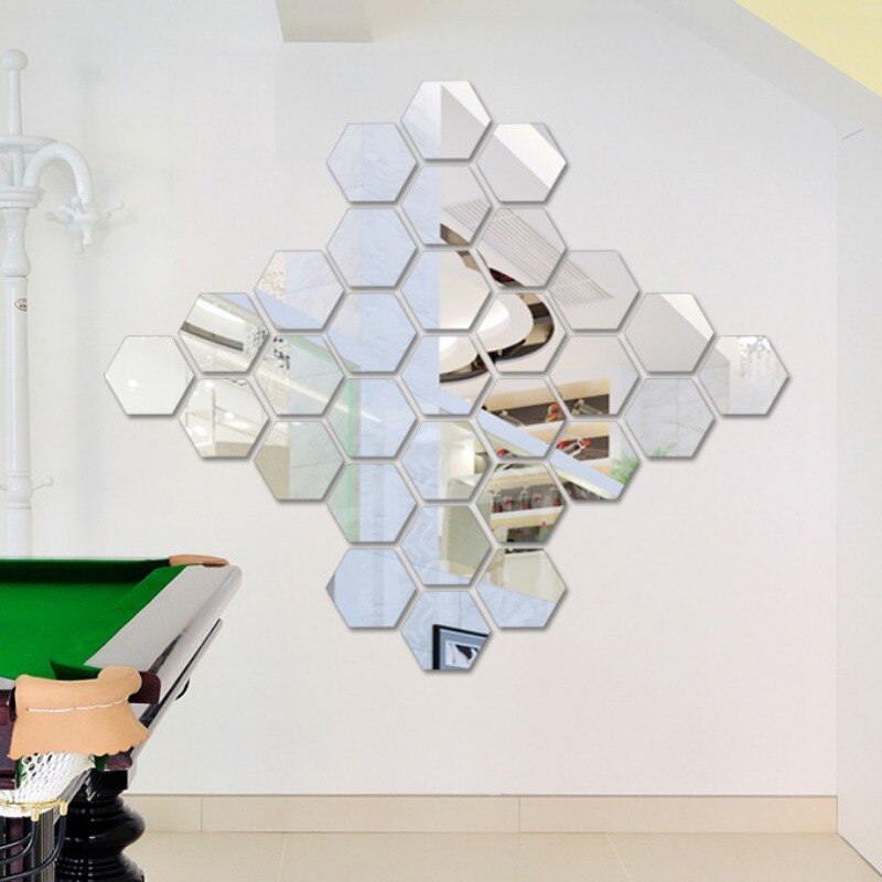 12 stk akryl spejl væg klistermærker selvklæbende aftagelig sekskant dekorative ,,: Sølv / S