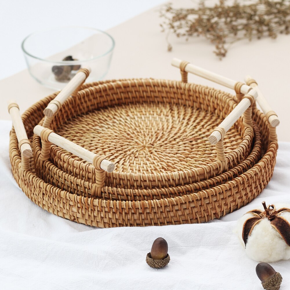 Ronde Rotan Lade Brood Mand Fruit Taart Plaat Dienblad Houten Storag Servies Rieten Trays Met Handvat Decoratie