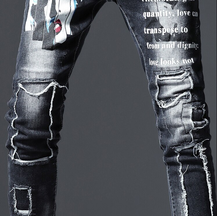Print huller skønhed mænd slank lige sort stretch bomuld denim rippet patch malet tiggere jeans vintage bukser