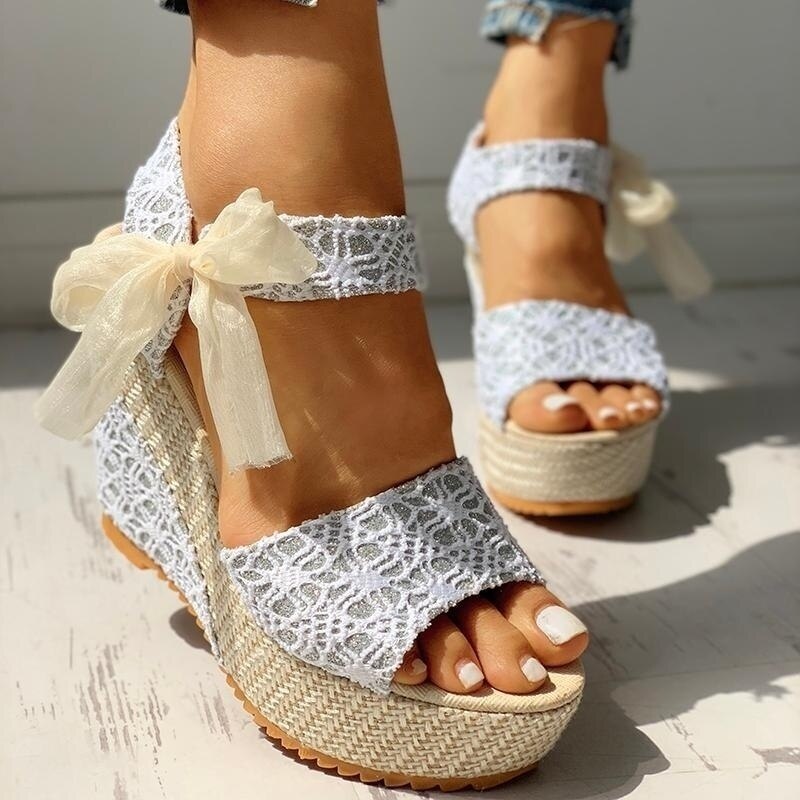 Femmes été plate-forme Sandales à talons compensés bride à la cheville poisson bouche Espadrilles Sandales Sandalias Femininas Sandales Sandalen: cy00003 / 37
