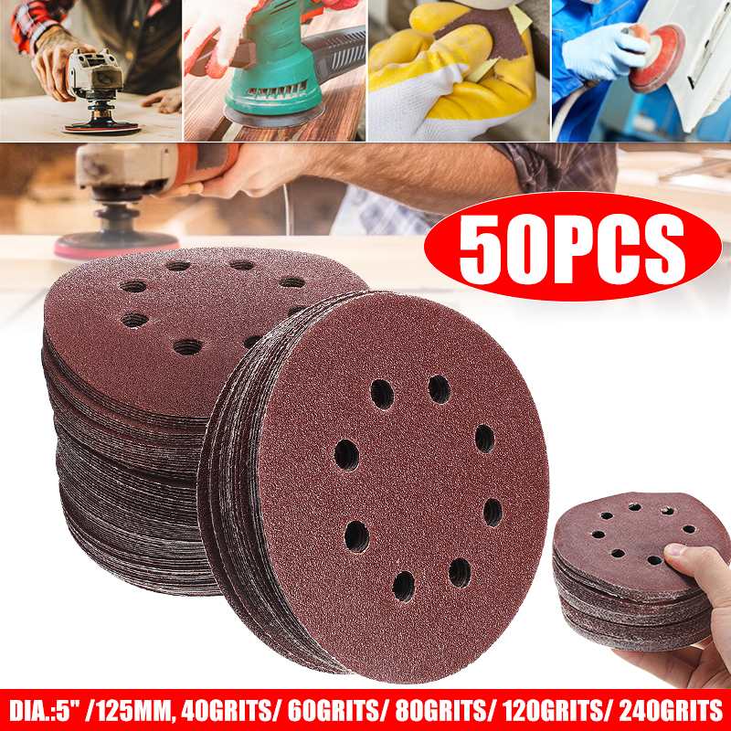 50pcs/Set 125mm Sanding Disc Round Shape 8 Hole Mixed 40 60 80 120 240 Grit Orbital Paper Punch Sheet Sandpaper Polisher Sanders