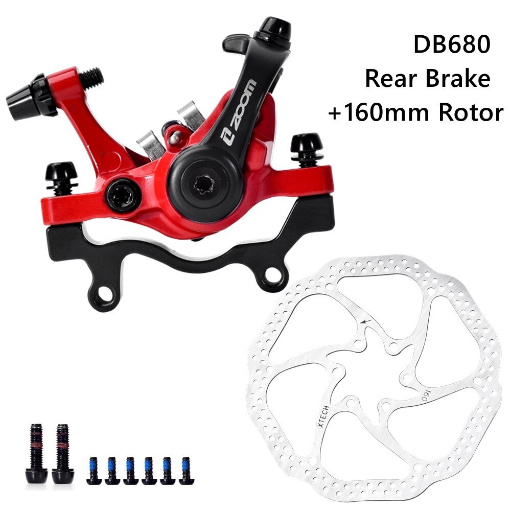 ZOOM Bike Mechanical Brake Caliper Adapter MTB Bilateral Drive Bicycle Front Rear Disc Brake Caliper Device Brake Pads DB680: Rear n Rotor Red