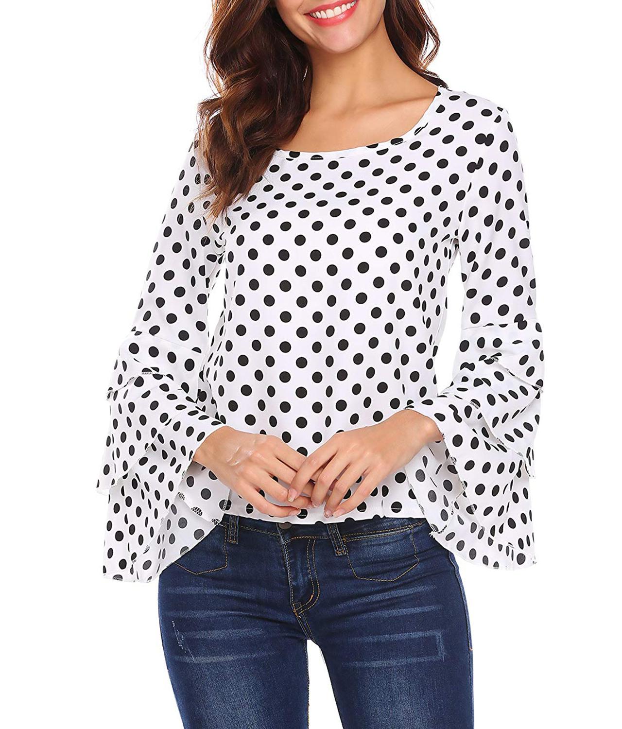 Women Bell Sleeve Blouse Round Neck Layered Ruffle... – Vicedeal