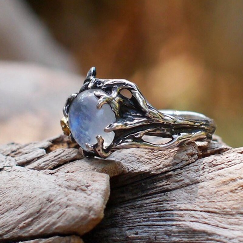 Bague Vintage en pierre de lune pour femme noire, bijoux en or, fleur, charmant, de mariage