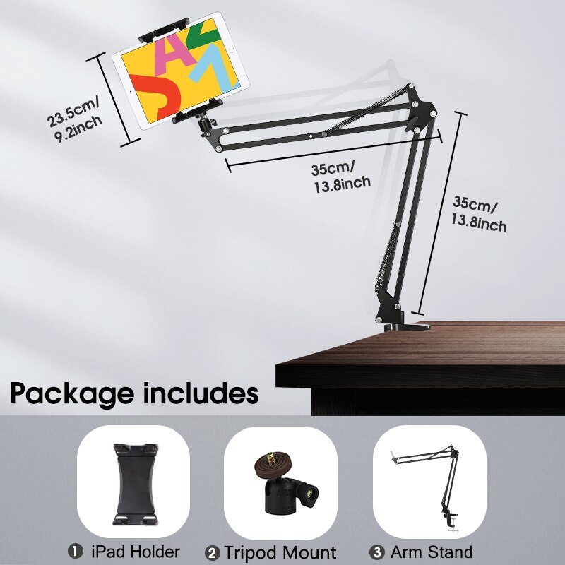 Mic Boom Desk Arm Stand with Phone Holder, Boom Suspension Stand Adapter Clip for Microphone Smartphone Tablet Ring Light: Ipad holder