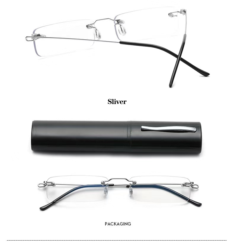 May Flower Anti-Blue Rimless Reading Glasses Square Metal Presbyopic Eyewear With Case Eyeglasses Men‘s Glasses For Sight Plus+4: Sliver / +200