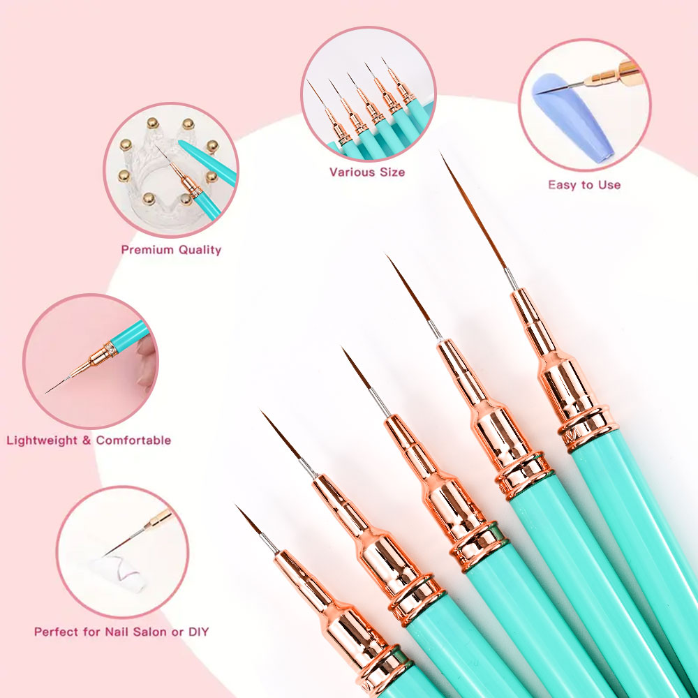 Juego de pinceles para delineador de uñas, 5 uds., 7/9/11/15/25MM, Kits de pinceles para uñas de Gel UV, pintura de líneas de rayas francesas, dibujo, bolígrafo de flores, herramientas de manicura