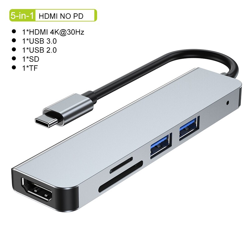 Usb c hub type c splitter til hdmi 4k thunderbolt 3 dokkingstasjon bærbar adapter med pd sd tf  rj45 for macbook air  m1 thinkpad: 5 i 1 hdmi ingen pd