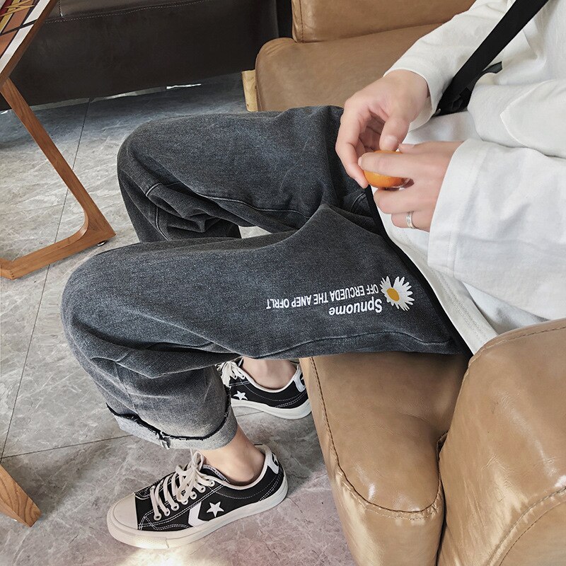Jeans mænds løse lige bukser printede afslappede bukser ensfarvet all-match komfortabel street hipster