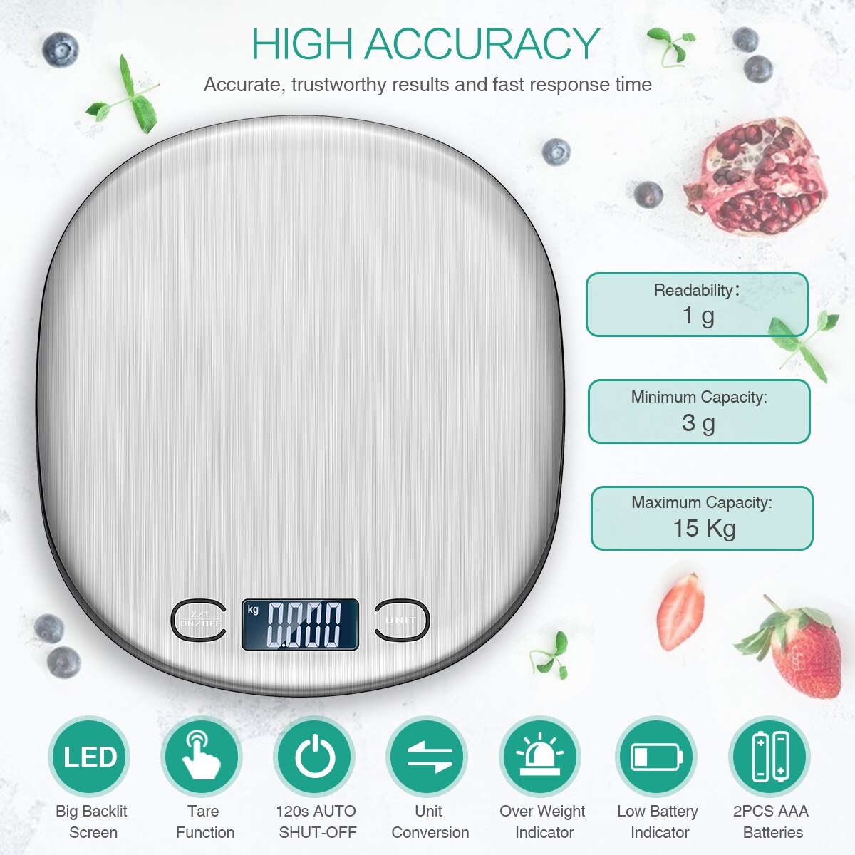 15kg Digital Kitchen Scale Household Electronic Food Scale Cooking Baking Scale Kitchen Measuring Tool Stainless Steel