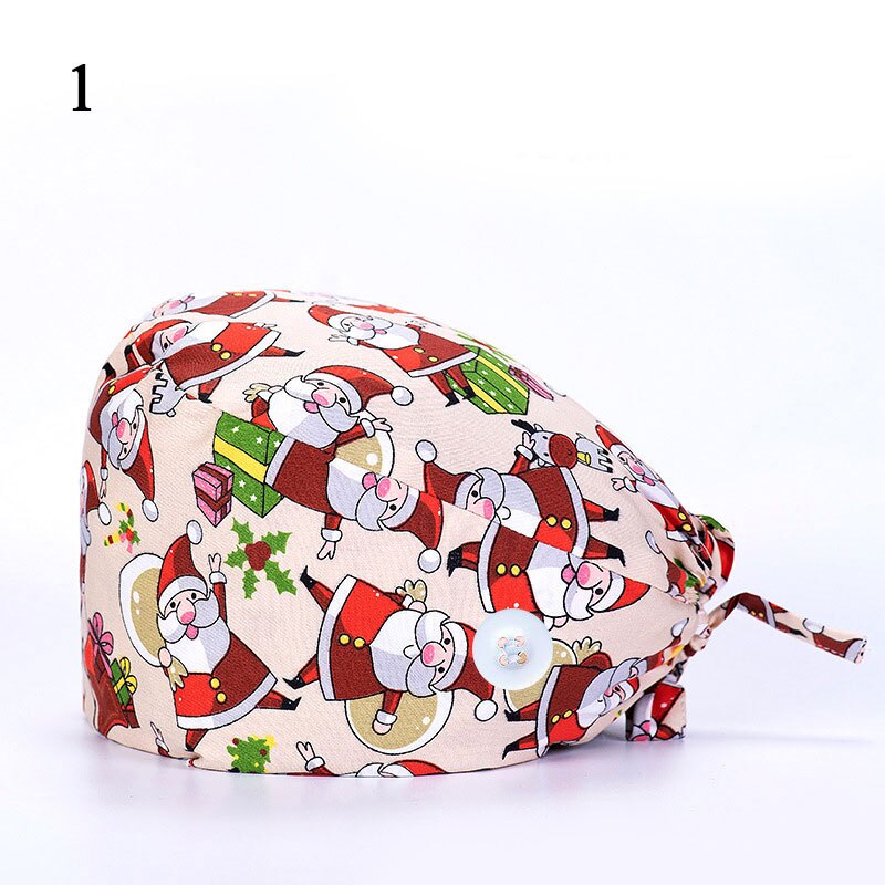 Kerstprint chirurgische muts voor dames heren verpleegstersmuts met knoop zweetabsorberende handdoek doktersmuts scrub muts gesp baotou muts: A1